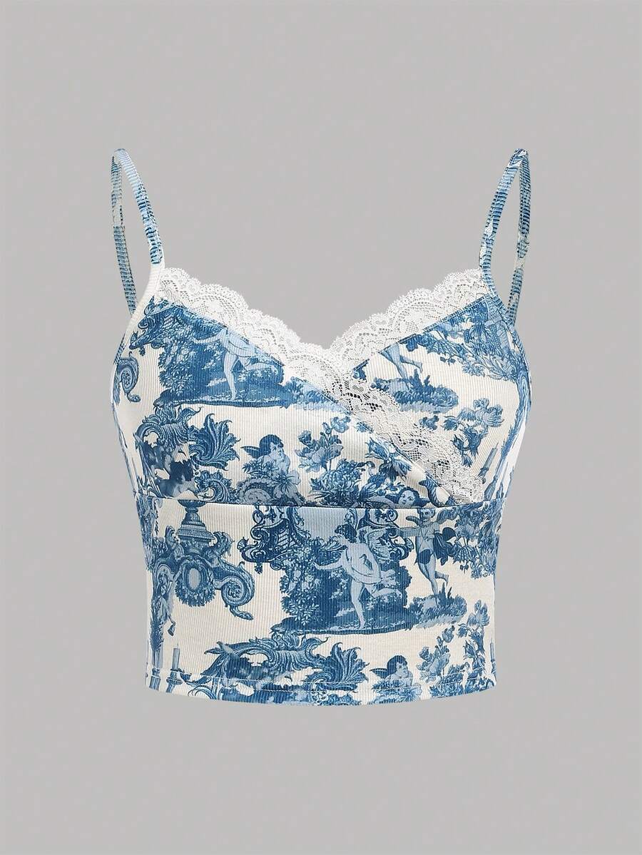 SHEIN Áo ba lỗ in hoa phong cách cổ điển dành cho bé gái tuổi teen - Xanh và trắng - Xem 1