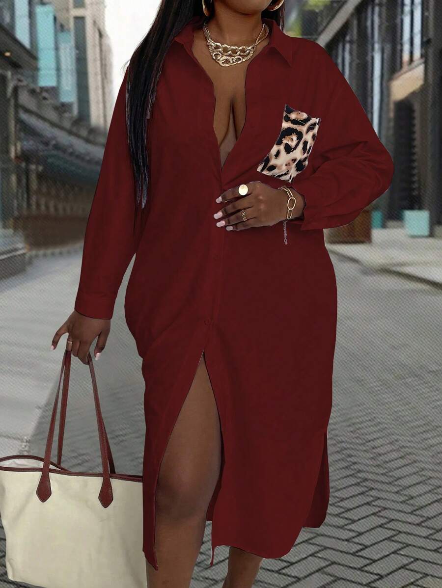 Maweii 豹纹贴袋落肩衬衫裙 - 紫色 - 查看 1