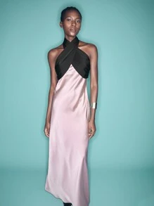 Maija 女士交叉领口开衩黑色和粉色拼色连衣裙，优雅合身的春夏季节日派对装，适合情人节 - 粉色 - 查看 6