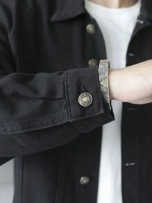 Manfinity LEGND 男士春秋休闲纯色牛仔夹克 - 黑色 - 查看 4