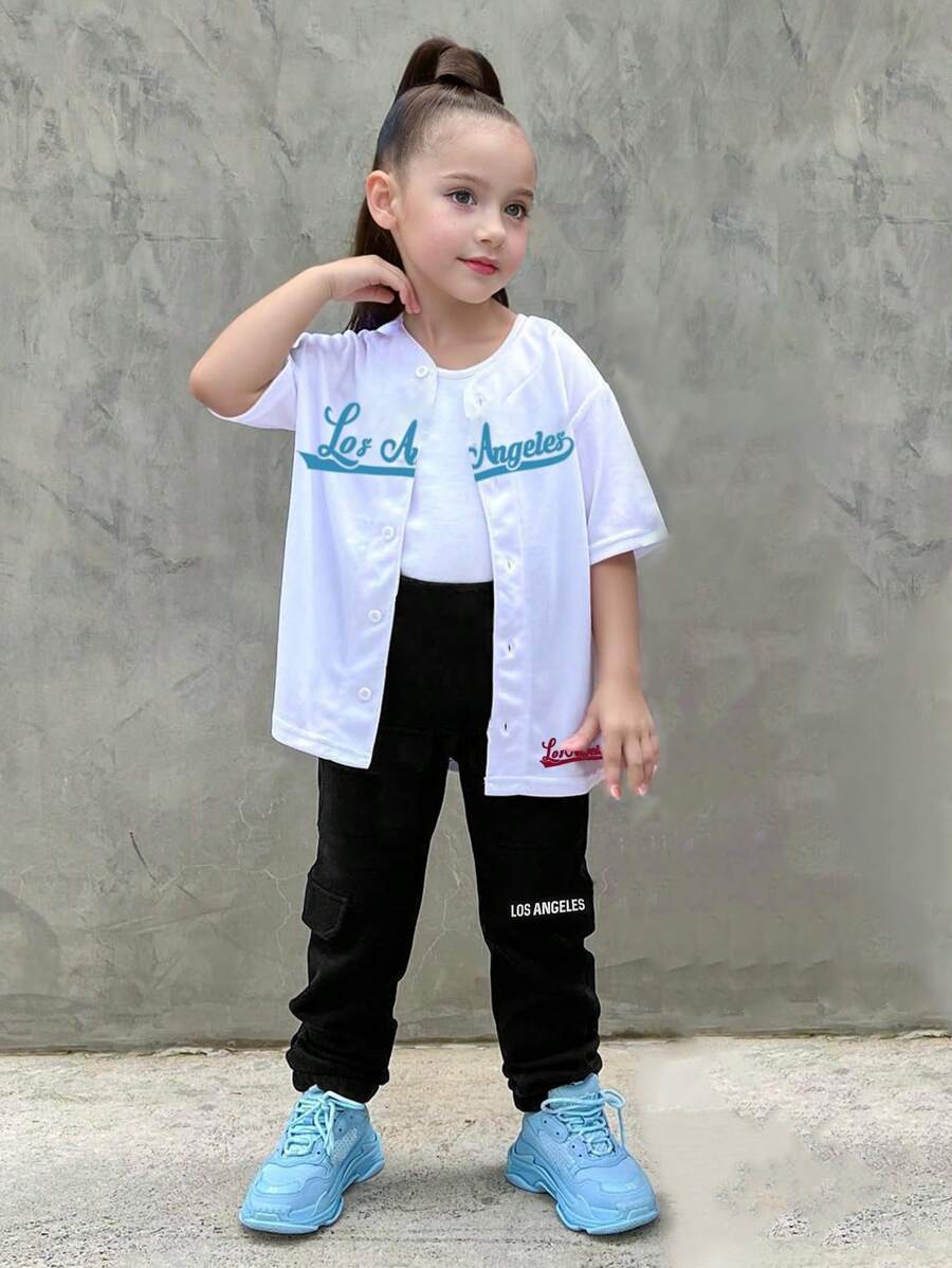 SHEIN Bộ 2 chiếc áo sơ mi tay ngắn in chữ hợp thời trang cho bé gái và quần dài - Nhiều màu - Xem 1