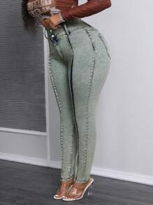 SHEIN SXY Old Money Plus Size Denim Stretch Fashion Snowflake Leggings - Blue - View 6