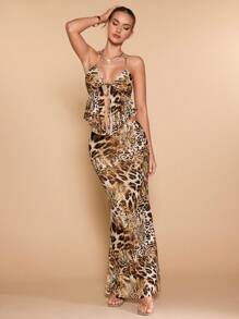 SHEIN BAE 2 chiếc áo crop top hở lưng hở lưng có họa tiết da báo gợi cảm & thanh lịch dành cho nữ & Bộ váy đuôi cá in họa tiết da báo dài, mùa hè - Nhiều màu - Xem 7