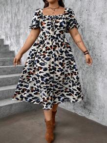 SHEIN VCAY Plus Size Vacation Puff Sleeve Square Neck Leopard Print Dress - Multicolor - View 3