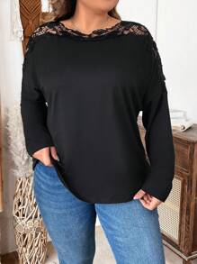 SHEIN LUNE Plus Size Women Black Spring And Summer Splicing Lace Long Sleeve Elegant T-Shirt