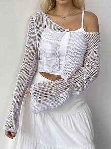 SHEIN Unity Hollow Out Knitted Cropped Casual Cardigan, Spring-Summer Fall Cloth For Women - Mauve Purple - View 1