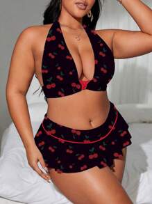 Swim Mod Conjunto de bikini talla grande - Top con escote de halter y espalda descubierta con estampado de toda la prenda y Bottom para playa de verano