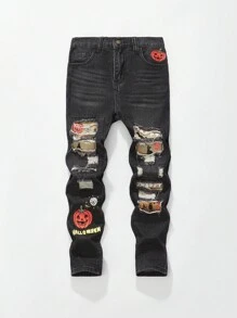 SHEIN Tween Boy 时尚街头百搭破洞南瓜印花牛仔裤，适合万圣节派对 - 黑色 - 查看 3