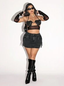 SHEIN ICON Falda vaquera entallada con cinturón de lazo de presillas talla grande