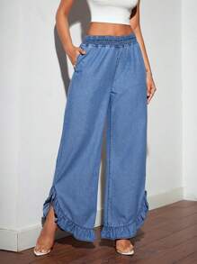 SHEIN Tall Lässige, verwaschen Jeans mit weitem Bein und Rüschen - Blau - Übersicht 7