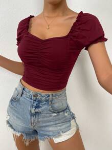Calvaya Ruched Front Sweetheart Neck Puff Sleeve Crop Tee