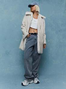 MISSGUIDED Lapel Collar Fluffy Long Coat With Pockets Winter Wear - Beige - View 4