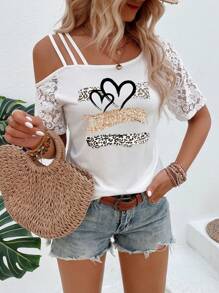 SHEIN LUNE Women's Summer Heart Leopard Print Contrast Lace Asymmetric Neck Short Sleeve Casual T-Shirt Graphic Cheetah Print Tees Women Tops - White - View 6