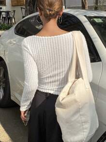 DAZY Women's Solid Color Textured Long Sleeve Fitted Crew Neck T-Shirt,Fall Women Clothes - White - View 2