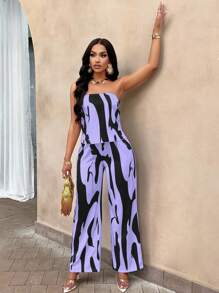 Zolique Graphic Print Backless Tube Top & Wide Leg Pants (Random Floral) - Purple - View 4