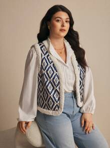 Elaquor Plus Size Women's Retro White Eclectic Hiking Printed Plush Sleeveless Jacket,Blue Flannel Fleece Waistcoat,National Wind Simple Vest,Warm Fall/Winter - Multicolor - View 6