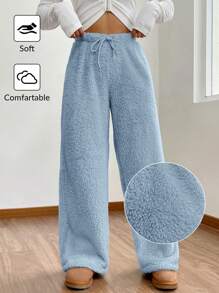 Muchica Women's Solid Color High Waist Drawstring Fluffy Wide Leg Loose Pants - Blue - View 8