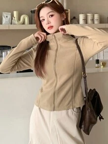 DAZY 女士纯色立领修身长袖拉链外套，秋季女装，保暖内衬 - 卡其色 - 查看 2