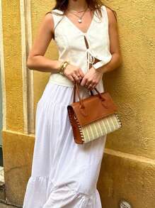 INAWLY Women Solid Color Sleeveless Front Tie Simple Tops Daily Casual