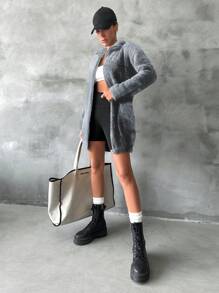 RueChic Solid Zip Up Fleece Jacket - Grey - View 4