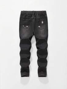 SHEIN Tween Boy 时尚街头百搭破洞南瓜印花牛仔裤，适合万圣节派对 - 黑色 - 查看 2