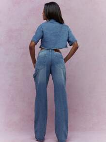 MISSGUIDED 水洗纽扣牛仔短款衬衫和直筒牛仔裤两件套 - 淺藍色 - 查看 2