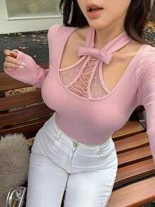 DAZY Áo thun dài tay trang trí nơ chắp vá ren nữ - Hồng - Xem 1