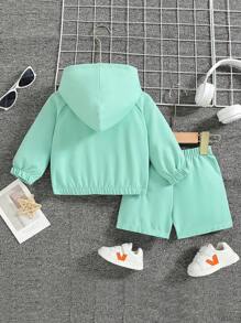2pcs/Set Baby Boys Solid Color Sports Hooded Jacket With Large Pockets And Shorts Outfits - Green - View 2