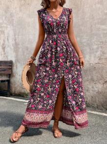 Breezaya Floral Print Ruffle Trim Slit Thigh Dress Without Belt