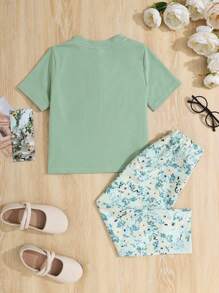 SHEIN 2pcs/Set Loose Casual Comfy Round Neck Homewear Set For Young Girls - Green - View 2