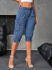 SHEIN Essnce Women Front Button Multi-Pocket Simple Cuffed Casual Jeans