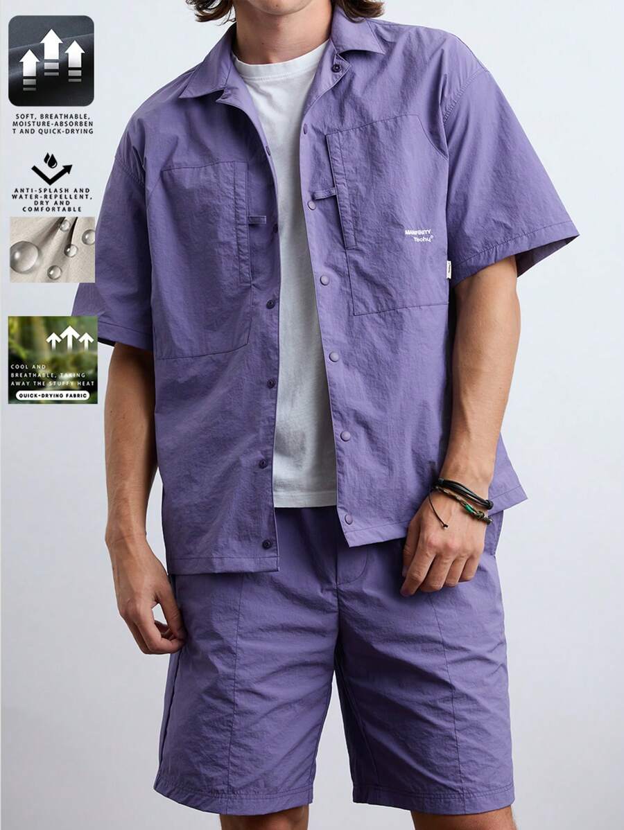 Manfinity VCAY Men's Woven Fashionable Casual Solid Color Loose Fit Short Sleeve Shirt And Shorts Set, Daily Wear.Men Shirts .Men Shorts.Cargo Men Pants.Button Down Shirt,Two-Piece Purple,Sunscreen And Waterproof