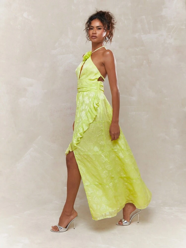 MISSGUIDED Boho Brocade Style Lace Halter Neck Asymmetric Ruffle Hem Maxi Dress With Flower Applique