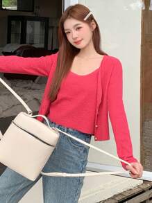 DAZY 2pcs Women's Sweater Set: Long Sleeve Cardigan Jacket And Delicate Spaghetti Strap Camisole,Fall Clothes - Hot Pink - View 7