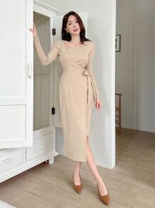 DAZY Women's Solid Color Wrap Around Waist Tie Long Sleeve Dress, Elegant Design For Spring And Fall - Khaki - View 2