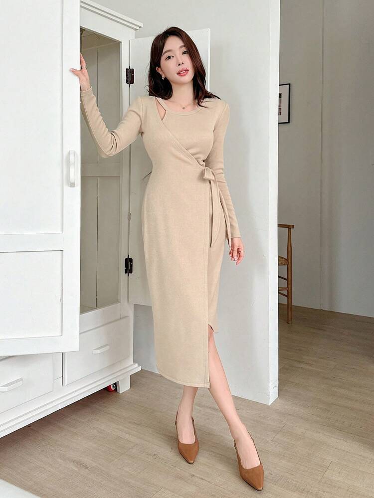 Women's Solid Color Wrap Around Waist Tie Long Sleeve Dress, Elegant Design For Spring And Fall