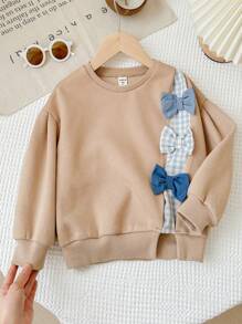 SHEIN LMoss Kids LMoss Young Girl 针织纯色圆领拼布编织格子蝴蝶结休闲运动衫 - 卡其色 - 查看 5