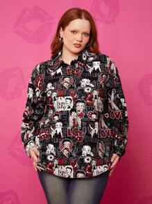 Betty Boop x SHEIN Camicia maniche lunghe oversize vintage stile Y2K, sexy streetwear, stampa a cuore nero e a pois di giornale, per l'autunno