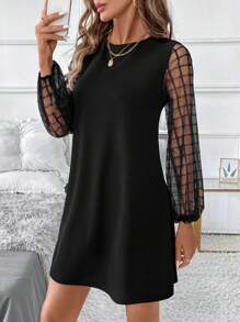 SHEIN Clasi 女士圆领网眼对比透视长袖迷你冬季秋季女士服装感恩节万圣节女士返校节工作服约会晚礼服 - 黑色 - 查看 7