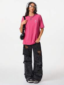 SHEIN EZwear Women's Casual Basic Washed Embroidered All-Match Pink T-Shirt - Hot Pink - View 6
