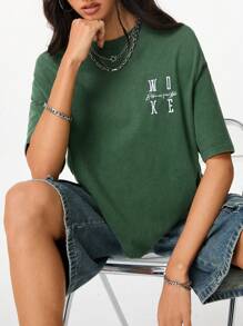 SHEIN EZwear 女士休闲基本款水洗刺绣百搭绿色 T 恤 - 軍綠色 - 查看 1