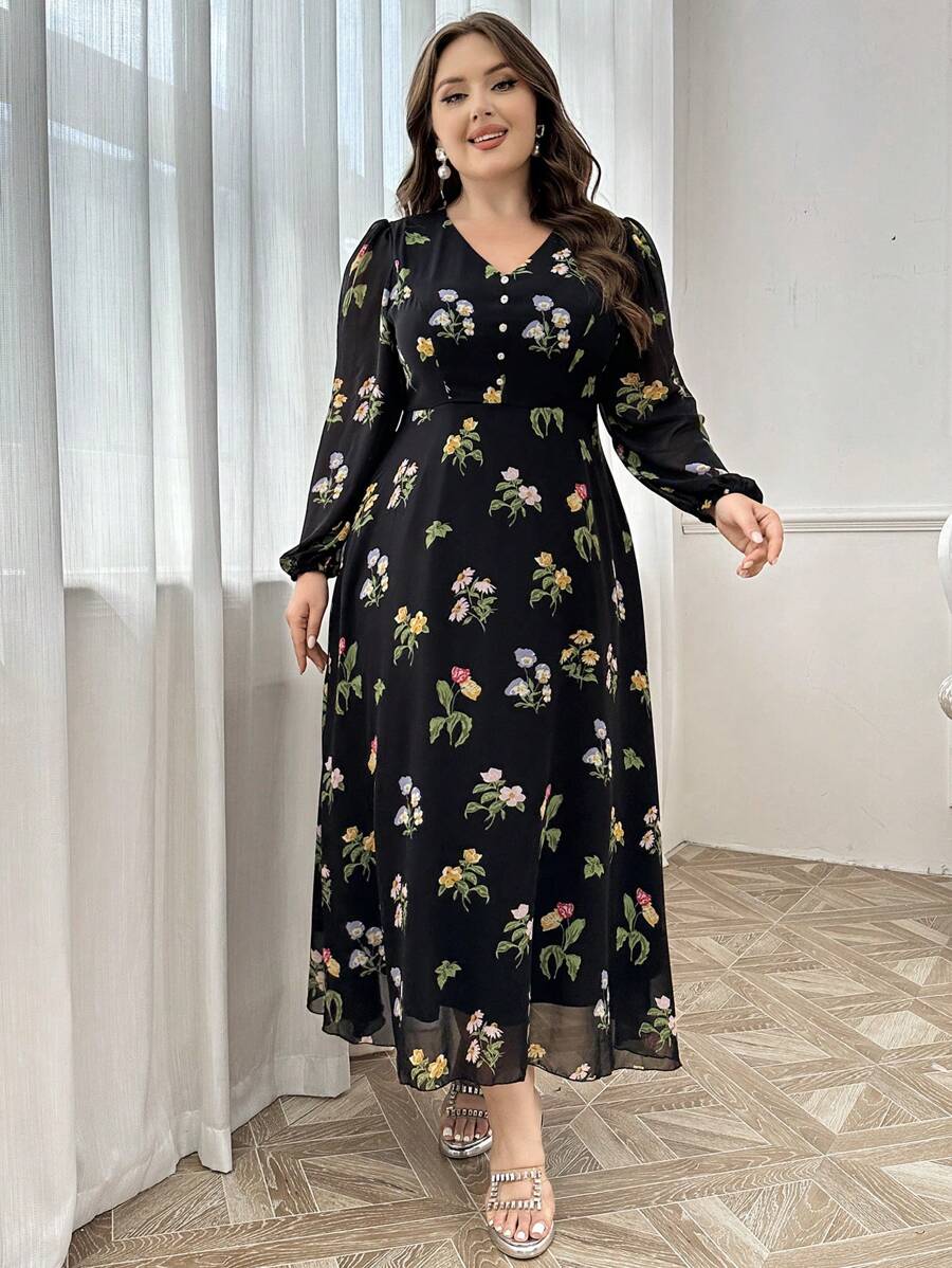 Modelyn 大码女式花卉印花 V 领长袖连衣裙，朴素优雅，适合休闲日常/旅游/度假/休假/派对长款女式长款晚礼服 - 黑色 - 查看 1