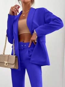 EURMUSE Shawl Collar Single Button Blazer And Pants - Blue - View 3