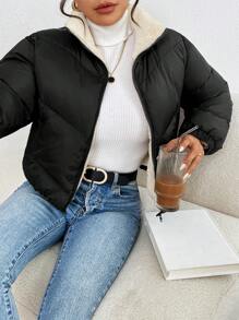 SHEIN Frenchy 女士拉链长袖时尚冬季防寒夹克 - 黑色 - 查看 3