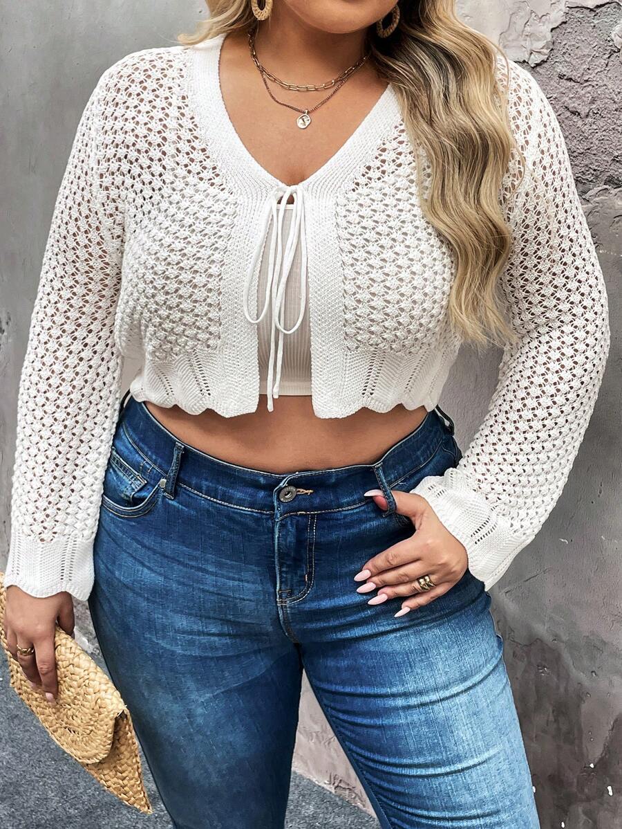 SHEIN LUNE Plus Size Solid Color V-Neck Long Sleeve Tie Front Cardigan - White - View 1