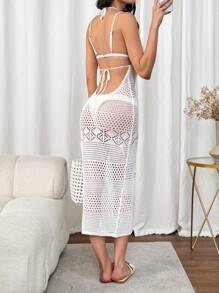 Breezaya Women Spaghetti Strap Open Back Eyelet Embroidery Design Slim Fit Sweater Dress - White - View 2