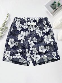 Pantalones cortos estampados con flores y plantas para vacaciones y tiempo libre para hombre - Azul - Ver 1