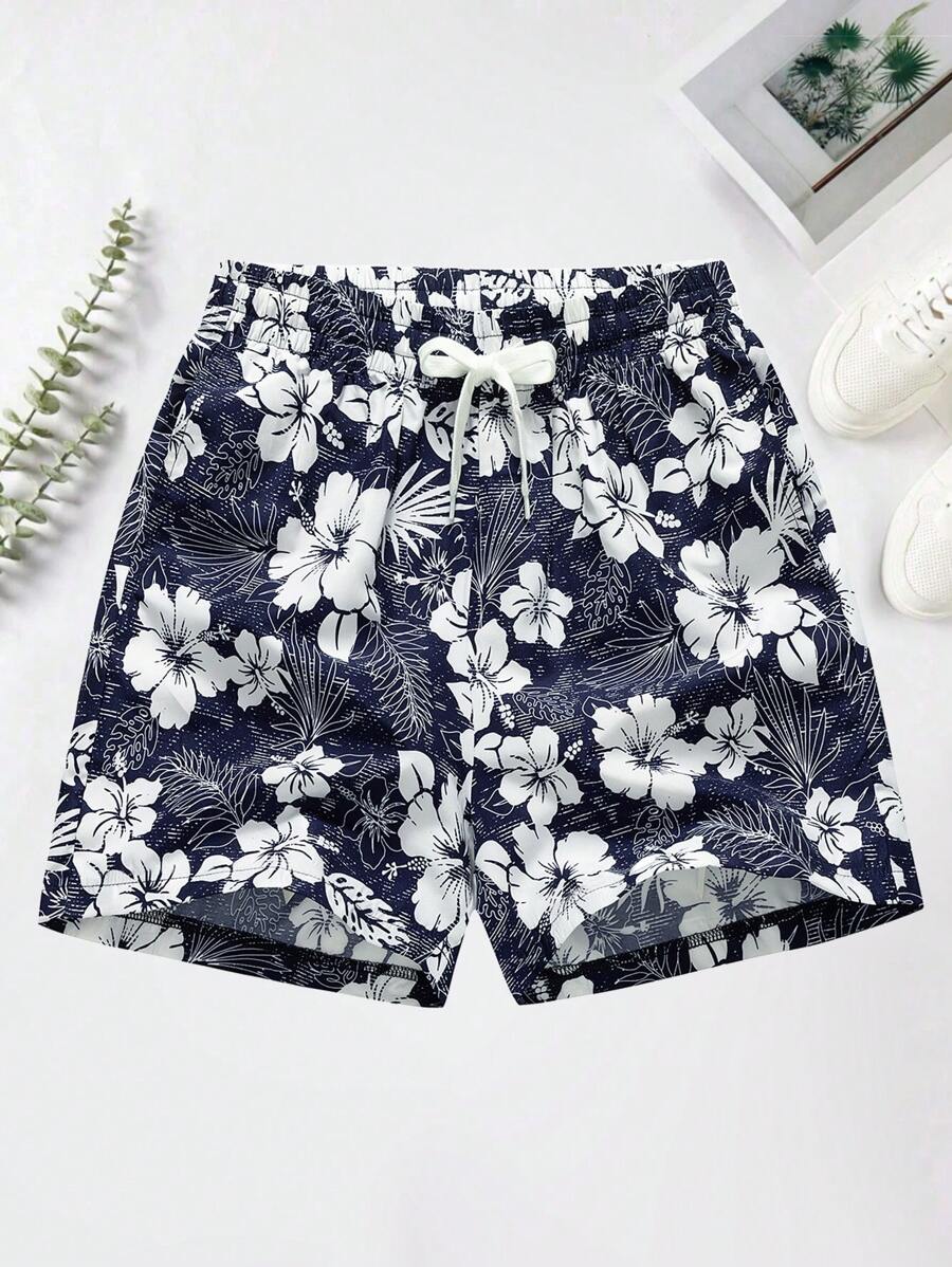 Pantalones cortos estampados con flores y plantas para vacaciones y tiempo libre para hombre - Azul - Ver 1