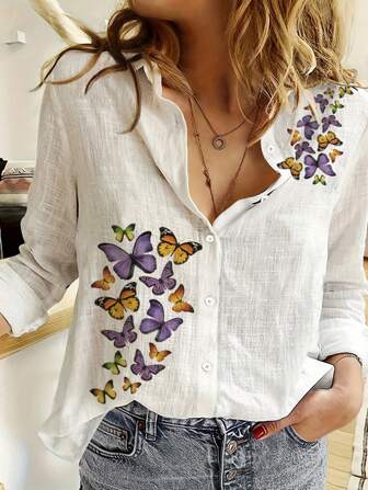 2025 Wiosna/Jesień Nowa europejska i amerykańska koszula z nadrukiem motyli z przodu z długim rękawem dla kobiet