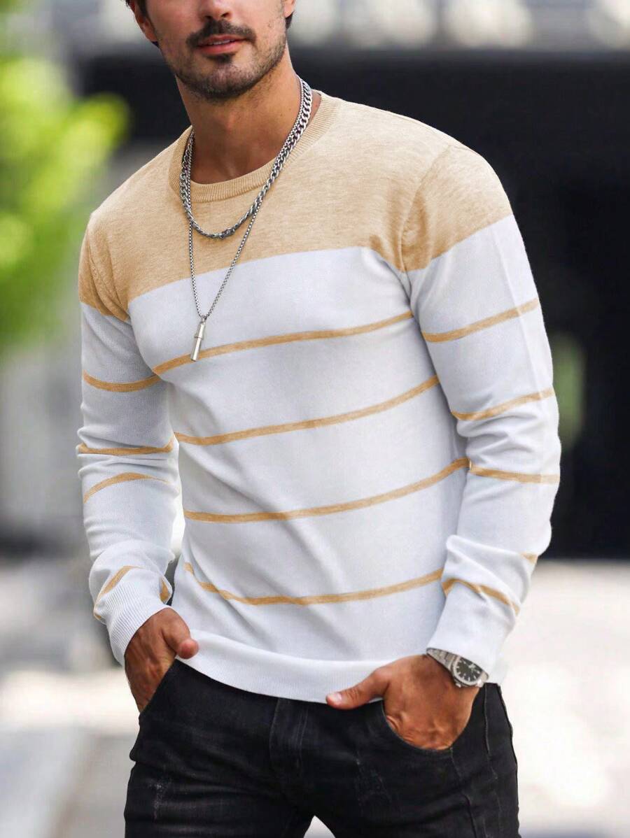 Manfinity Homme Áo len nam cổ tròn sọc khối màu dài tay, áo len nam sọc, áo dệt kim nam, áo len nam, áo len nam, áo len nam sọc dài tay mùa hè cho nam, cho mùa thu đông - Màu Khaki - Xem 1